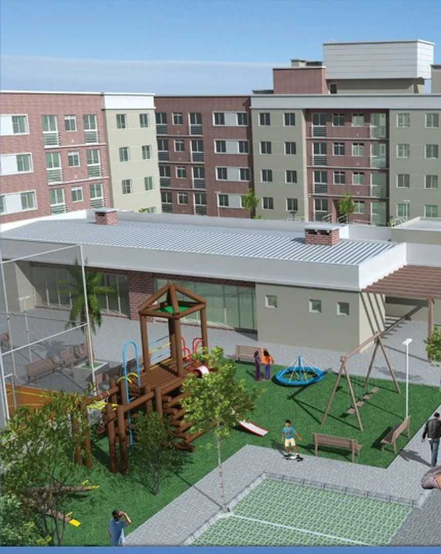 Imagem do lançamento do Residencial Van Gogh: blocos de apartamentos, playground e quadra entre eles